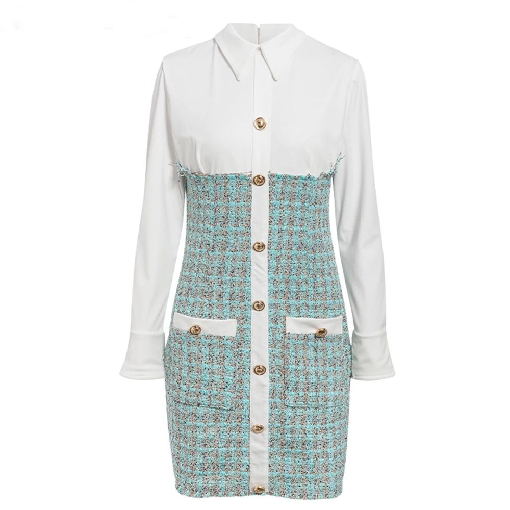 

Diiwii Woman Tweed Plaid Patchwork Office Dress Women Buttons High Waist Bodycon Dress Sexy Elegant Party Short Spring Dress
