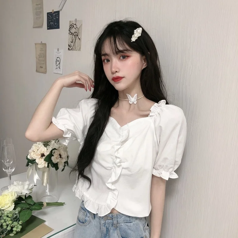 Короткий топ с оборками во французском стиле Женская Волшебная нишевая футболка