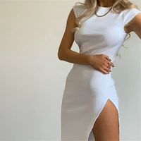 summer women knee length dress sexy short sleeve stretch slim side slit party clothes elegant solid color casual long vestidos