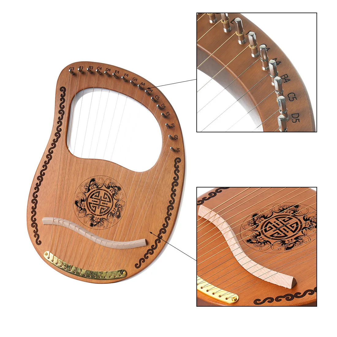 Lyre Harp 16 Strings Piano Harp Lyre Harp Wooden Mahogany Musical Instrument Lyre Harp with Tuning Wrench Spare Strings enlarge