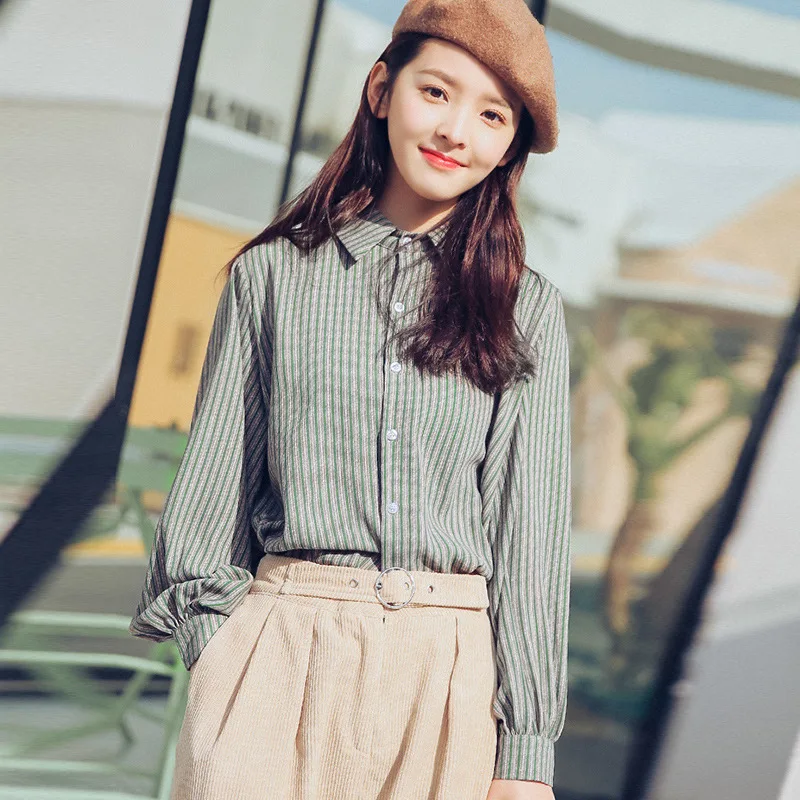 Полосатые женские блузки с отложным воротником рубашки длинными рукавами и