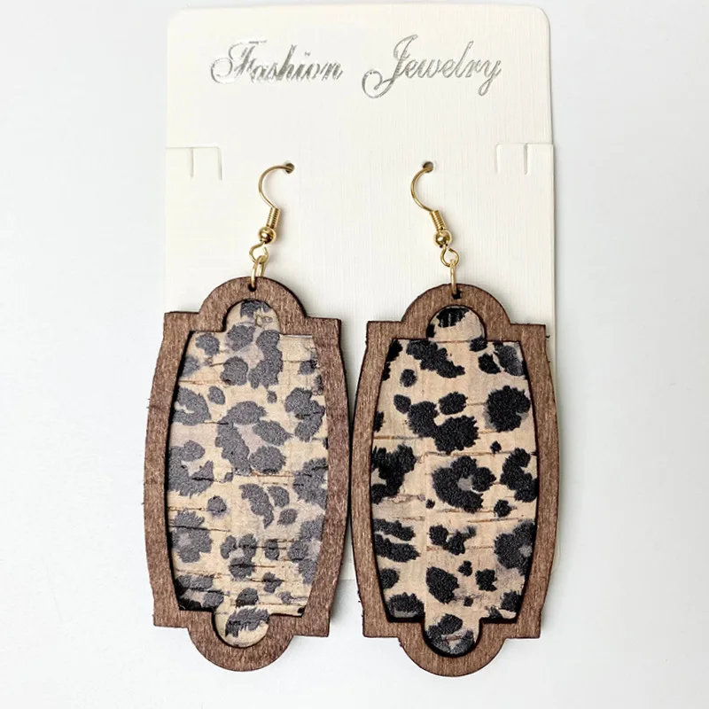 2021 Wholesale Wood Leopard Leather Earrings Geometric Color Ins Fashion Jewelry Gifts for Women Girl