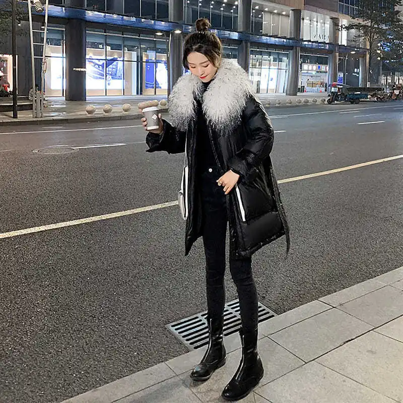

Big Fur Collar Black Cotton -Padded Clothes Female 2020 Winter Youth Mid-Length Padded Jacket
