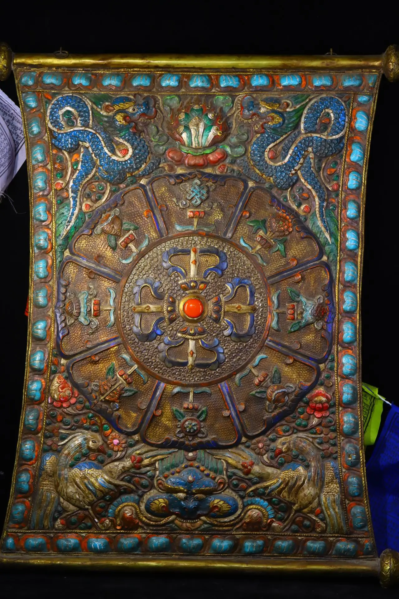 31Tibetan Temple Collection Old Bronze painting Cross Vajra Auspicious Eight Treasures Animal texture Thangka mandala Hanging