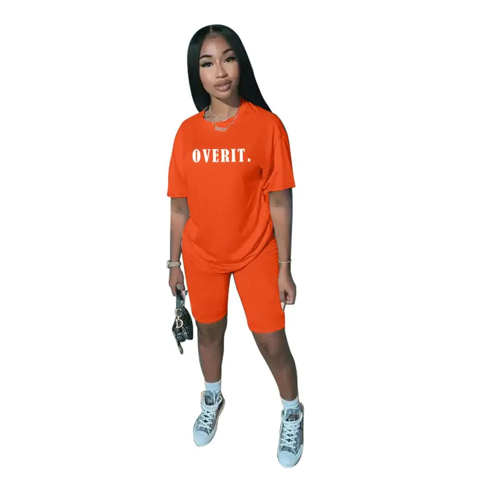 

2020 New Casual Women 2 Piece Matching Sets Letter Print Summer Cotton Sporty T shirt Tops And High Waist Shorts Track Suit