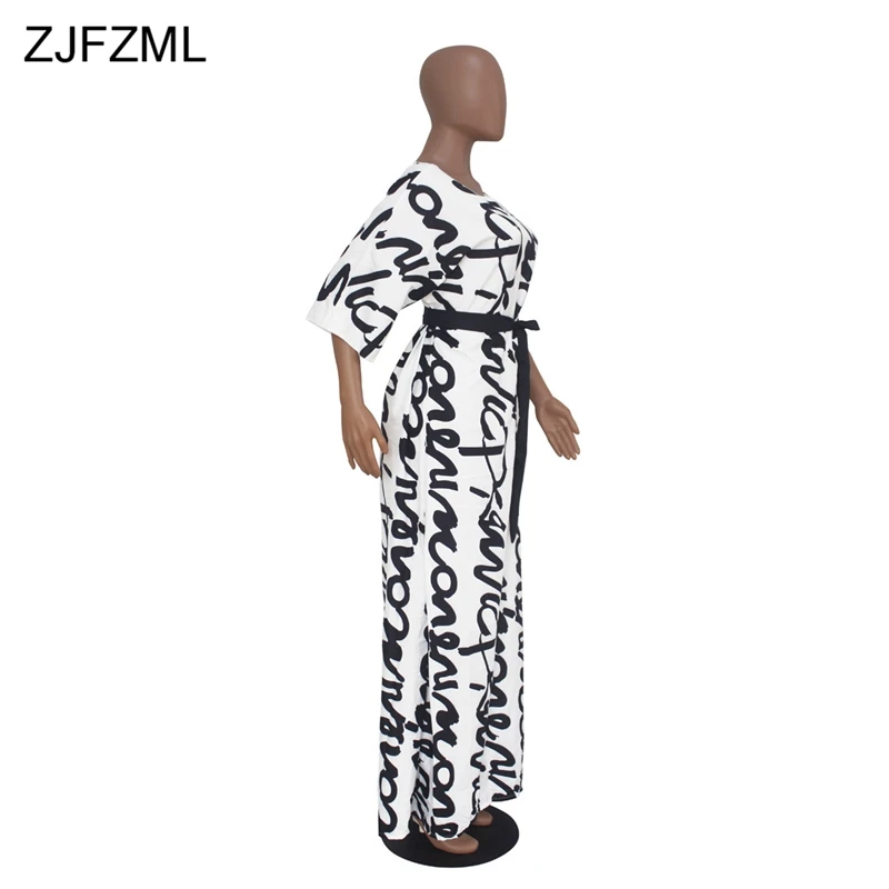 Женское платье макси в пол ZJFZML черно белое с буквенным принтом глубоким v