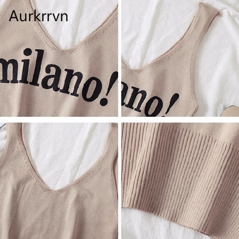 

Aurkrrvn Sexy Crop Tank Tops Women V Neck Milano Printed Rib Knitted Vest Tight Plus Size Club Tank Tops for Female Streetwear