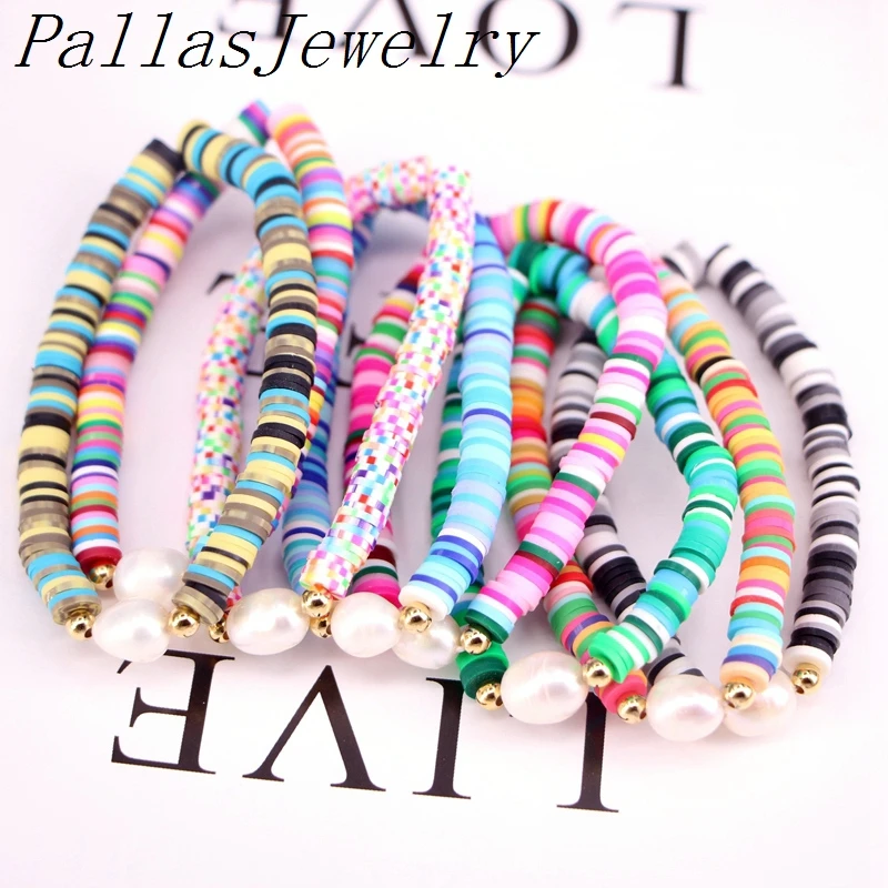 

10Pcs, Freshwater Pearl & Colorful Flat Round Bead Bracelet Colorful round polymer beads bracelets, Friend Gift for Her