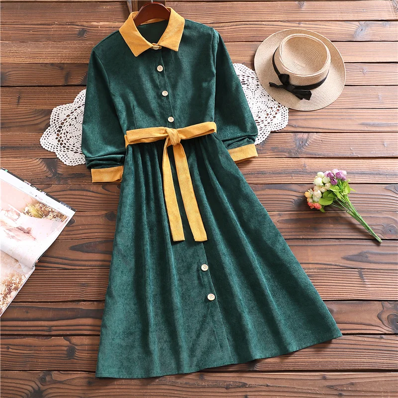 

2021 New Spring and Autumn Lighting Retro Corduroy Women's Stitching Long Sleeve Contrasting Color Waist Slim Mid-length Dress