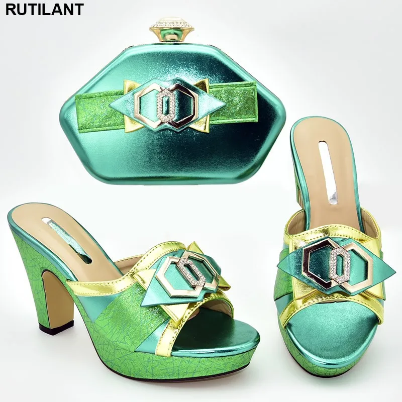Green Color Ladies Italian Shoes and Bag Set Decorated with Rhinestone Nigerian Matching Bags African Wedding Shoe Bag|shoe bag set|shoe bagafrican