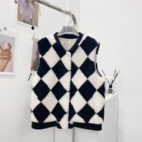 winter chic designer womens high quality black white plaid lamb wool fur leather waistcoat vest tops c116