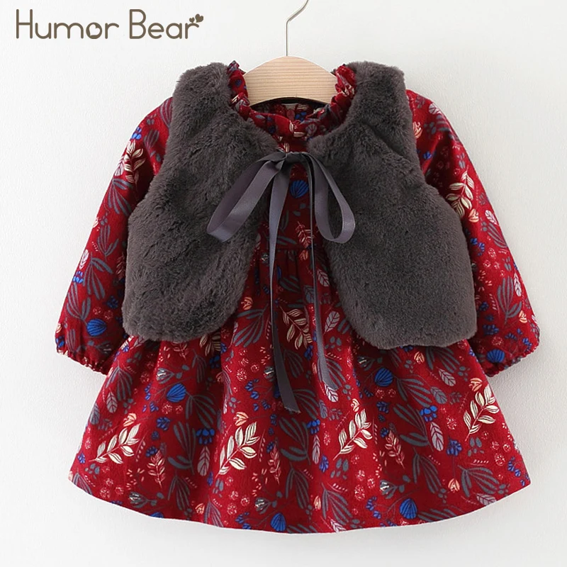 Humor Bear/детская одежда; платье для девочек; сезон весна-осень; хлопковые вечерние платья с бантом и длинными рукавами с имитацией двух предметов; Милая одежда для маленьких девочек