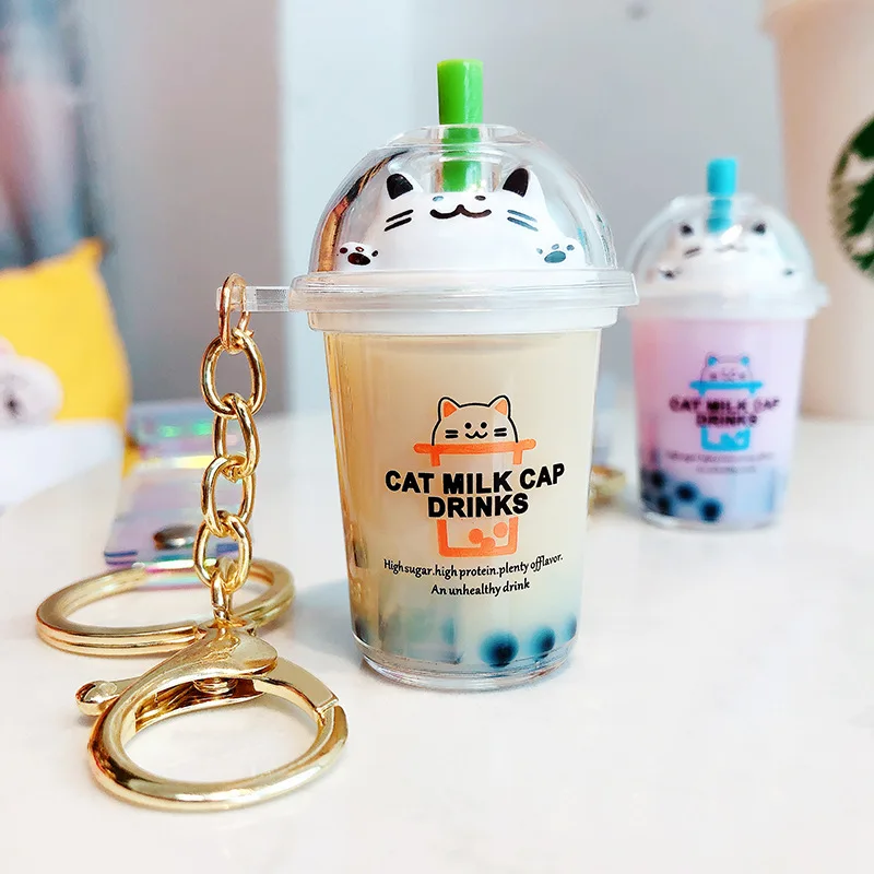 

New Keychain Cartoon Cat Car Keychain Mini Milk Tea Cup Liquid Crystal Quicksand Sequin Key Ring Bag Pendant for Women