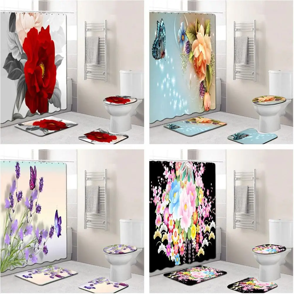

MeterMall 4Pcs/Set Flowers Pattern Shower Curtain Mat Set Non Slip Rugs Carpet for Bathroom Toilet Bath