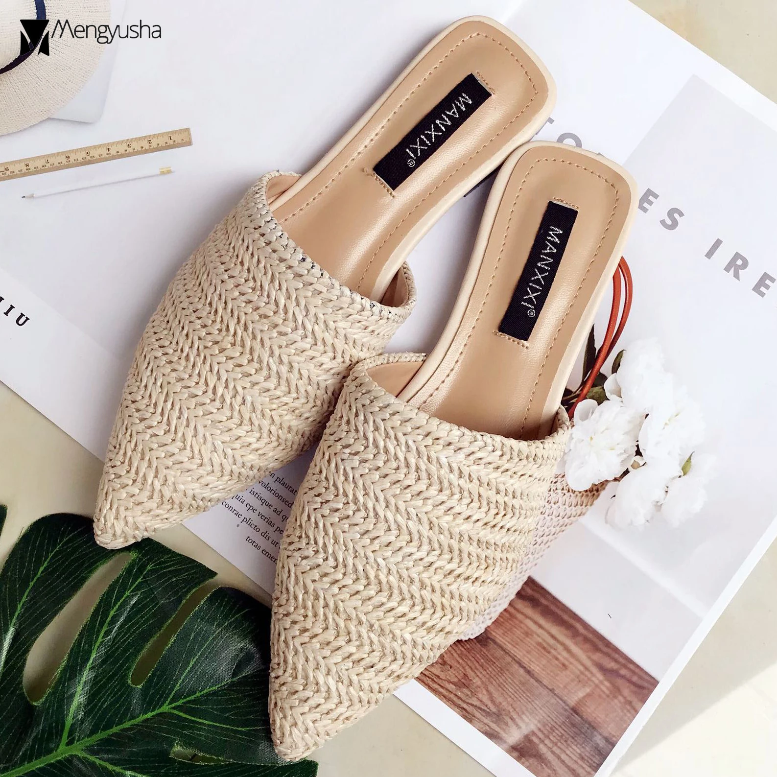 Мюли женские плетеные соломенные сандалии с заостренным носком брендовые