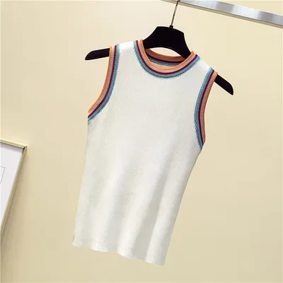 Белый women Striped Color collision knitted vest female lady Girls suspenders waistcoats thin summer ice silk sleeveless Tank Tops - Цвет: Белый