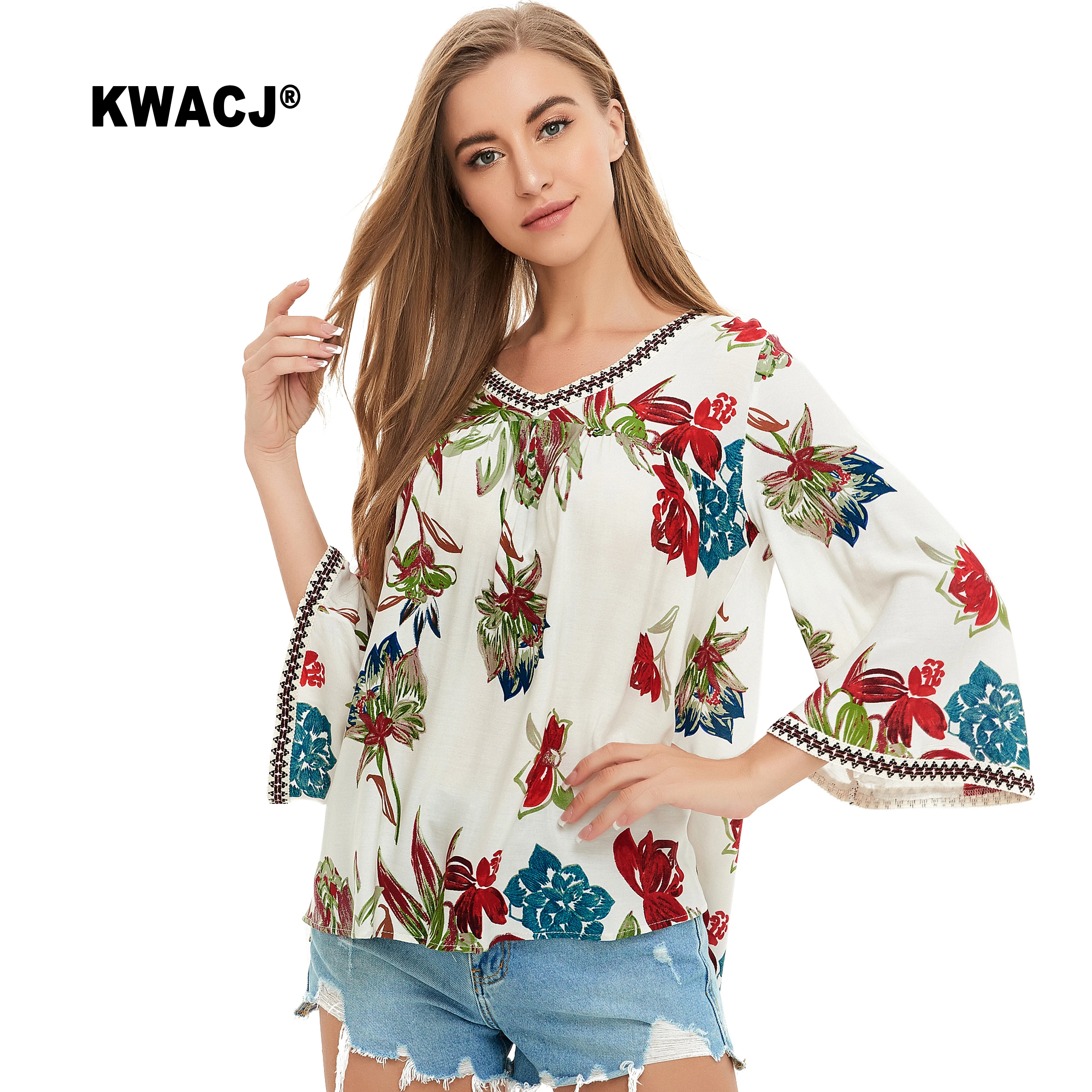 KWACJ Boho блузка с растительным принтом осенняя расклешенная блуза длинным рукавом