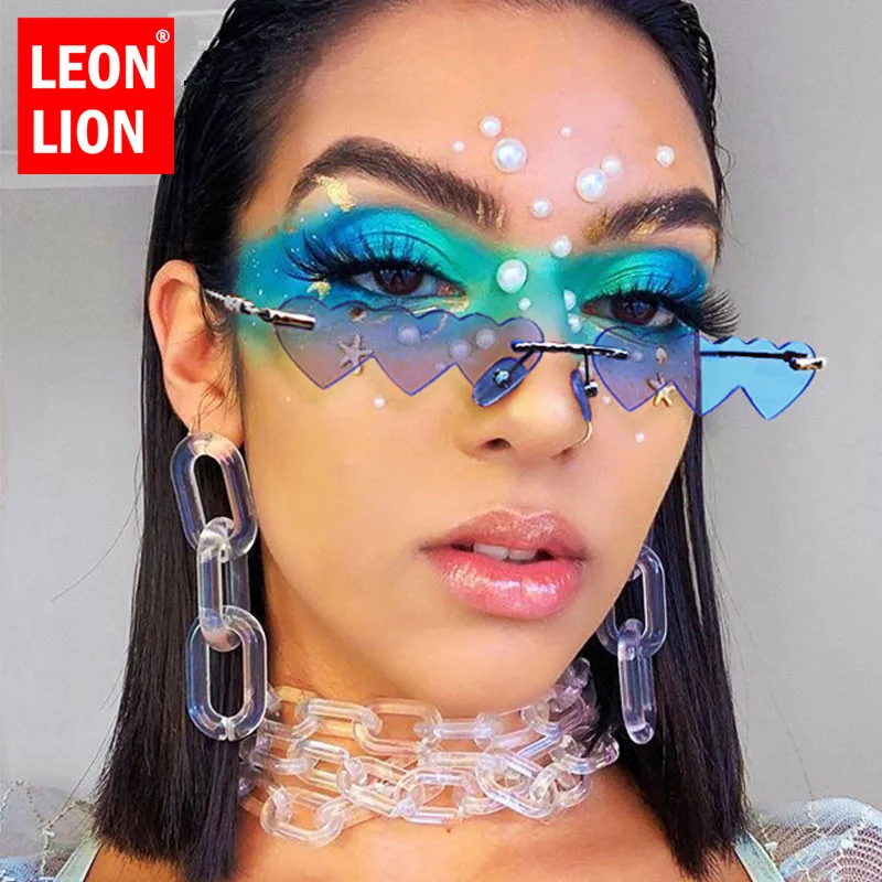 

LeonLion 2021 Rimless Punk Sunglasses Women Small Heart Eyeglasses Women/Men Luxury Rectangle Sun Glasses Female Vintage Shades