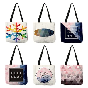 Сумка-тоут с геометрическим узором, двухсторонняя Складная льняная многоразовая дорожная Сумочка с надписью, розового и синего цвета