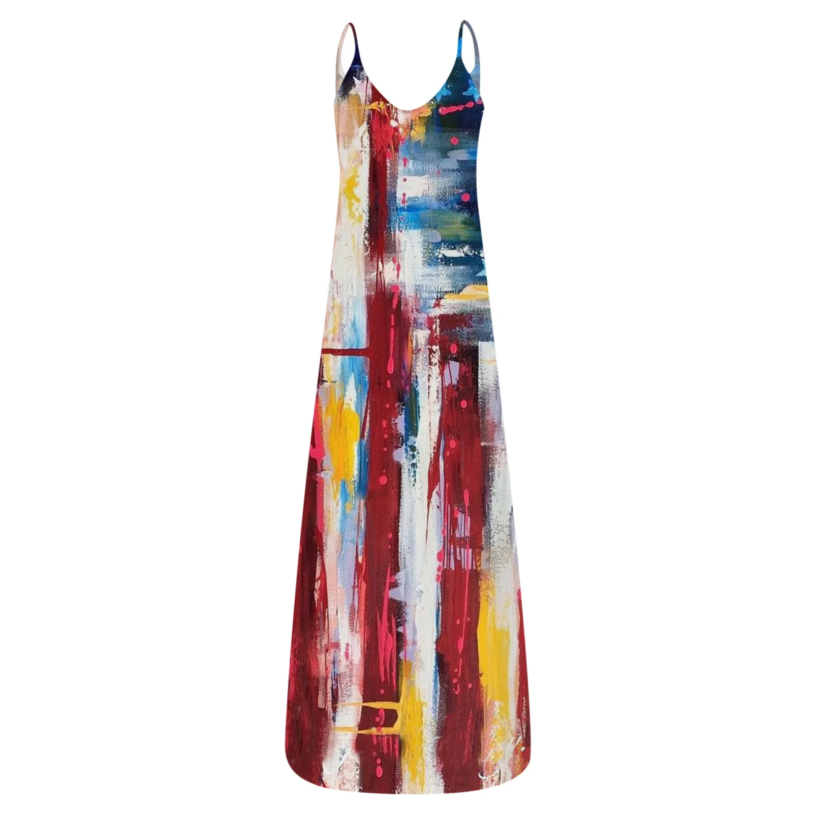 

40# American Flag Printing Strap Dress Boho O-neck Strap Floor Length Dress Sleeveless Pocket Long Dress Summer Low Cut Dress
