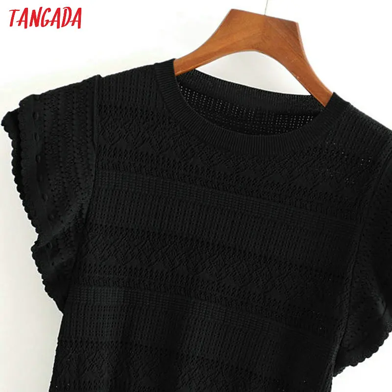 Tangada модная женская черная блузка Элегантная с круглым вырезом шикарная пышная с коротким рукавом дизайнерская рубашка Женский шикарный свитер 3H320