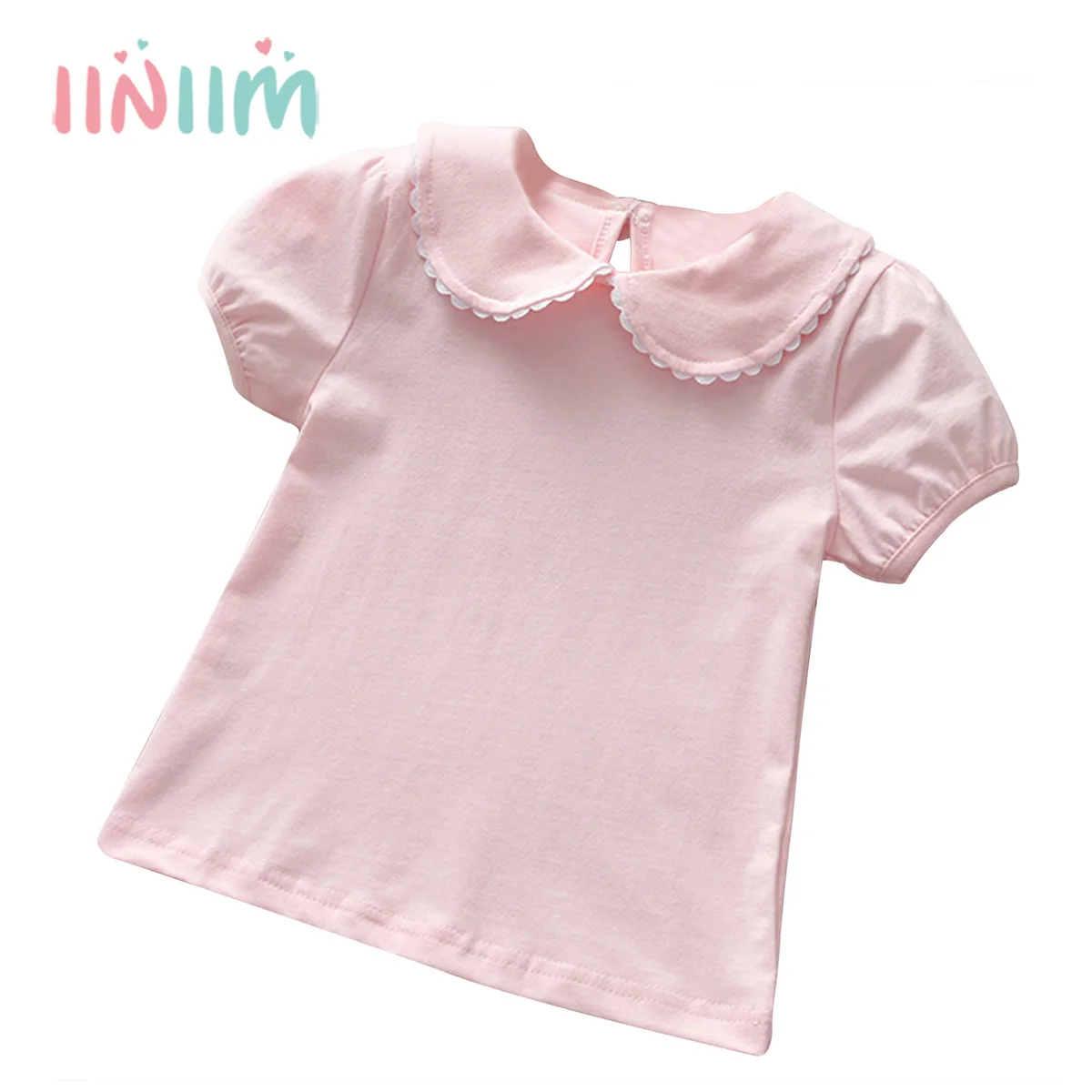 

Летняя одежда iiniim для маленьких девочек, детская Повседневная Базовая футболка, супермягкий однотонный топ с отложным кукольным воротником и короткими рукавами