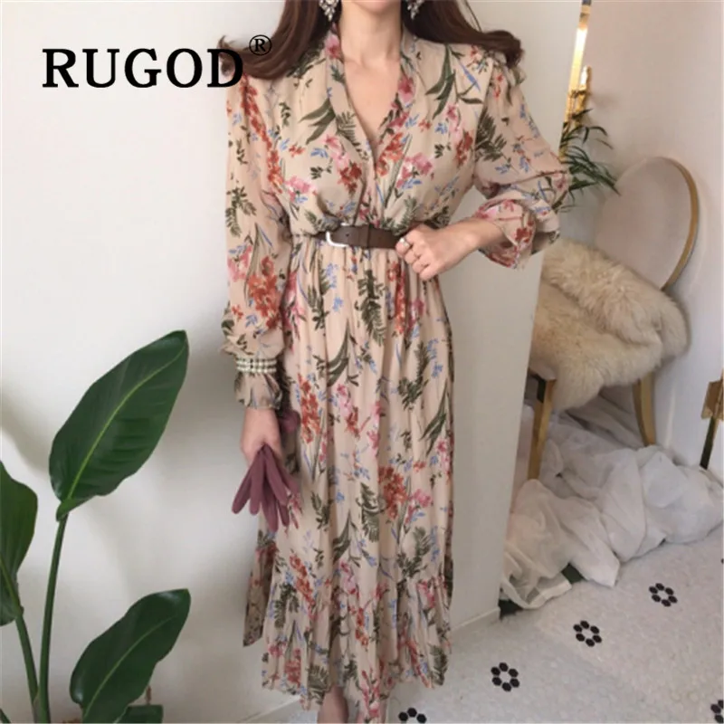 RUGOD Spring Boho Chic Retro Chiffon Korean Floral Maxi Dress Women Elegant Sweet Tops Casual Ladies Dresses Woman Party Night | Женская