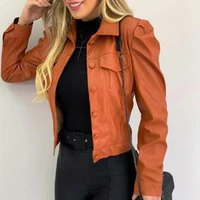 autumn pu leather pleated women short jacket long sleeve turn down collar single breasted female jackets solid casual lady coat