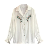women flower embroidery lantern sleeve loose blouse white long sleeve shirts women