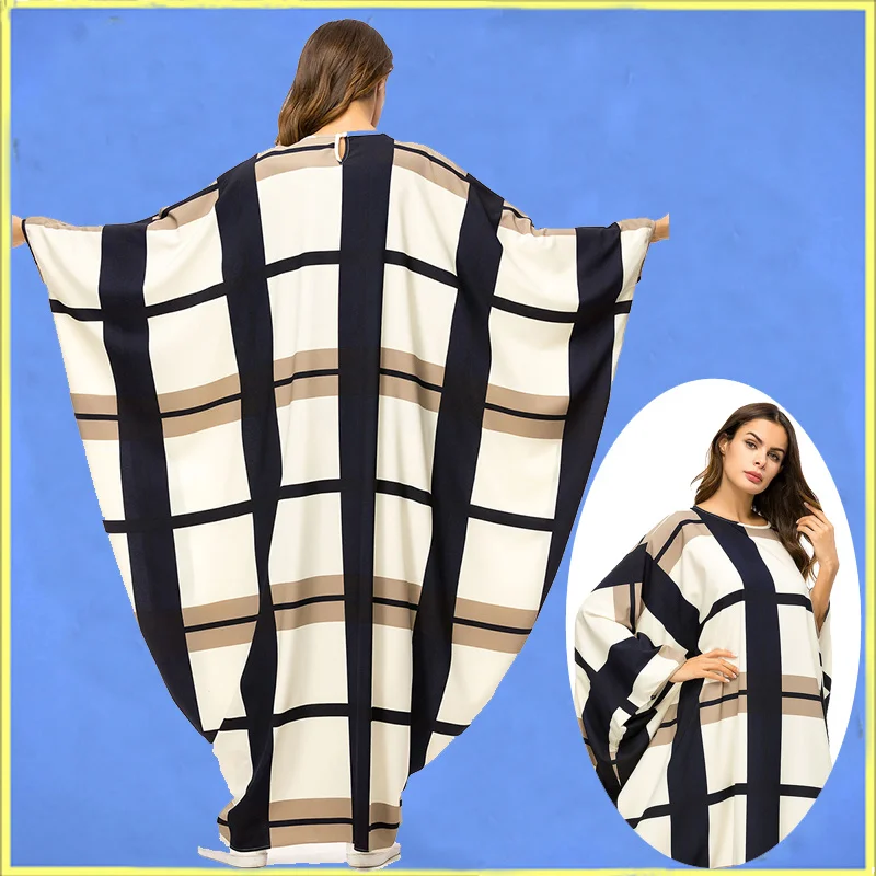 

7326 One Size Loose Muslim Abayas for Women Islamic Clothing Print Bat-wing Sleeve Long Dress Kaftan Dubai Turkey Spring Robe
