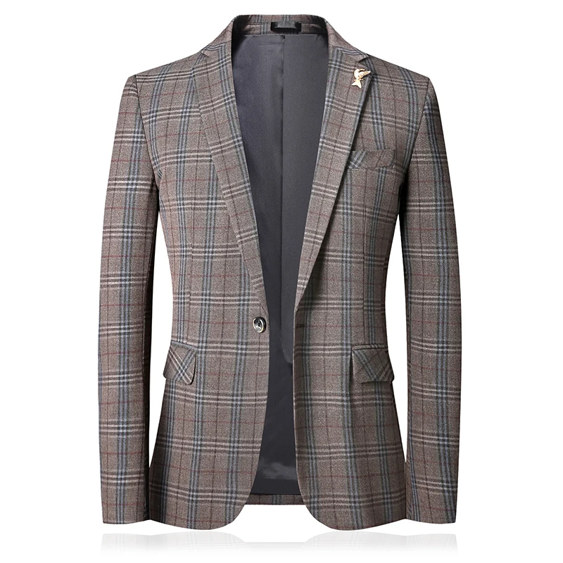 

High-End Men Blazer Personality Wild Men's Suit Jacket High Quality Fashion Plaid Print Slim Fit Blazer Coat Male Single Button
