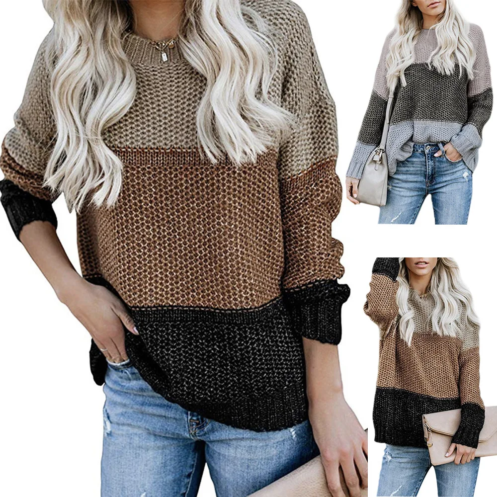 Women's Sweater Loose Knitting O-neck sweater Patchwork Ladies Tops 2019 Autumn Winter Casual Sweaters Pullovers striped color | Женская