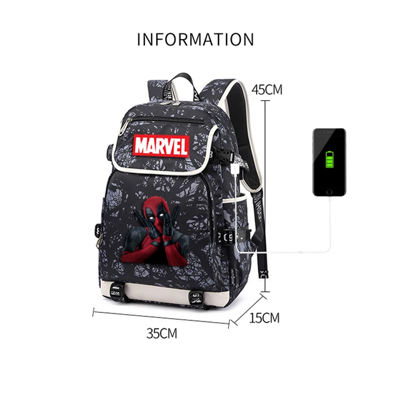 MARVEL USB nylon school bag fashion charging Travel Bag Boys Girls Teenage Backpack  Large capacity waterproof bookbag Mochila