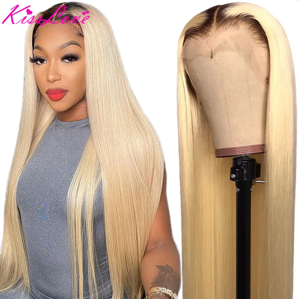 HD Transparent 613 Honey Blonde 13x4 Lace Frontal Human Hair Wigs 1B/613 Black Root 4x4 Lace Closure Wigs Pre-Plucked KissLove