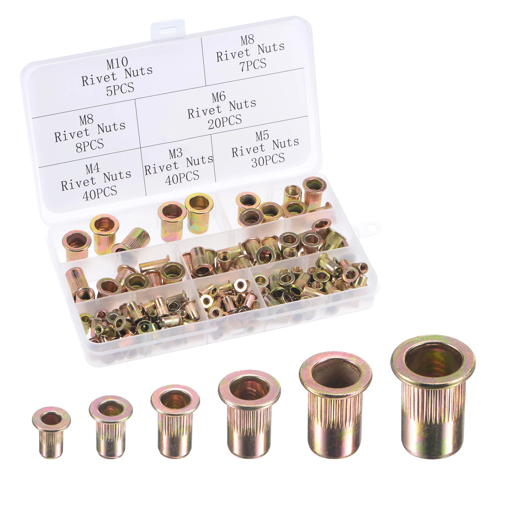 

Uxcell Rivet Nuts, 150pcs M3 M4 M5 M6 M8 M10 Carbon Steel Knurled Flat Head Threaded Insert Nut, Color-Zinc Plated Finish