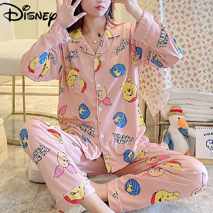 

Оригинальные пижамы Disney Минни Микки Винни Пух Женский комплект с длинным рукавом отворот домашний сервис