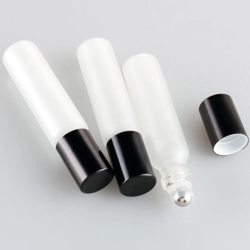 100Pieces/Lot 10ML Frosted Glass Roll On Perfume Bottle With Black Cap For Essential Oils Empty Cosmetic Vial With Steel Beads