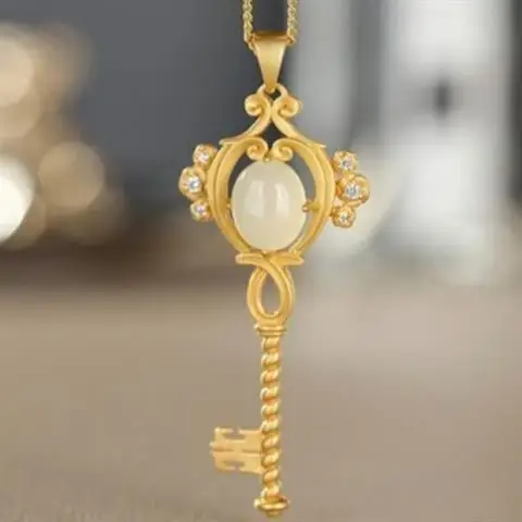 

S925 Sterling Silver Natural Hetian Jade White Jade Gray Jade Key Pendant Personality Retro Temperament Ornament