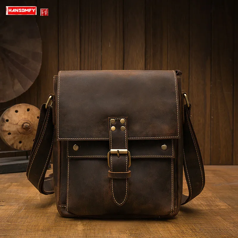 Handmade Crazy Horse Leather Retro Casual Men's bag Head Layer Cowhide Shoulder Bag Leather Diagonal Small Bags Vertical Style