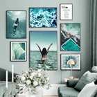 Настенная Картина на холсте синее море плавающая девушка цветок кактус скандинавские плакаты и принты настенные картины для гостиной домашний декор