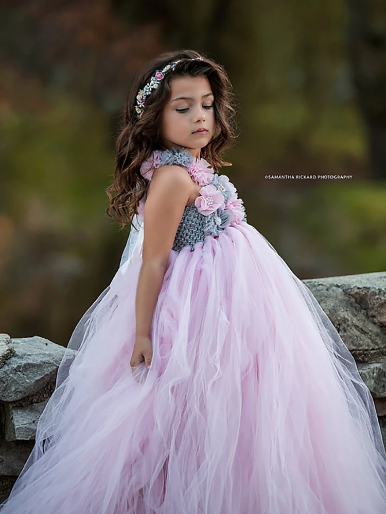 Pink and Grey Flower Girl Tutu Dress Wedding Tulle Girls Dresses Robe Demoiselle Rose Kids Clothes | Детская одежда и обувь