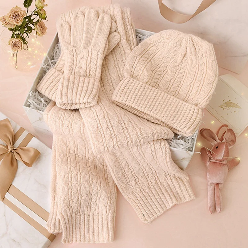 

Warm 3-Piece Set Autumn and Winter New Scarf Hat Gloves Affordable Solid Color