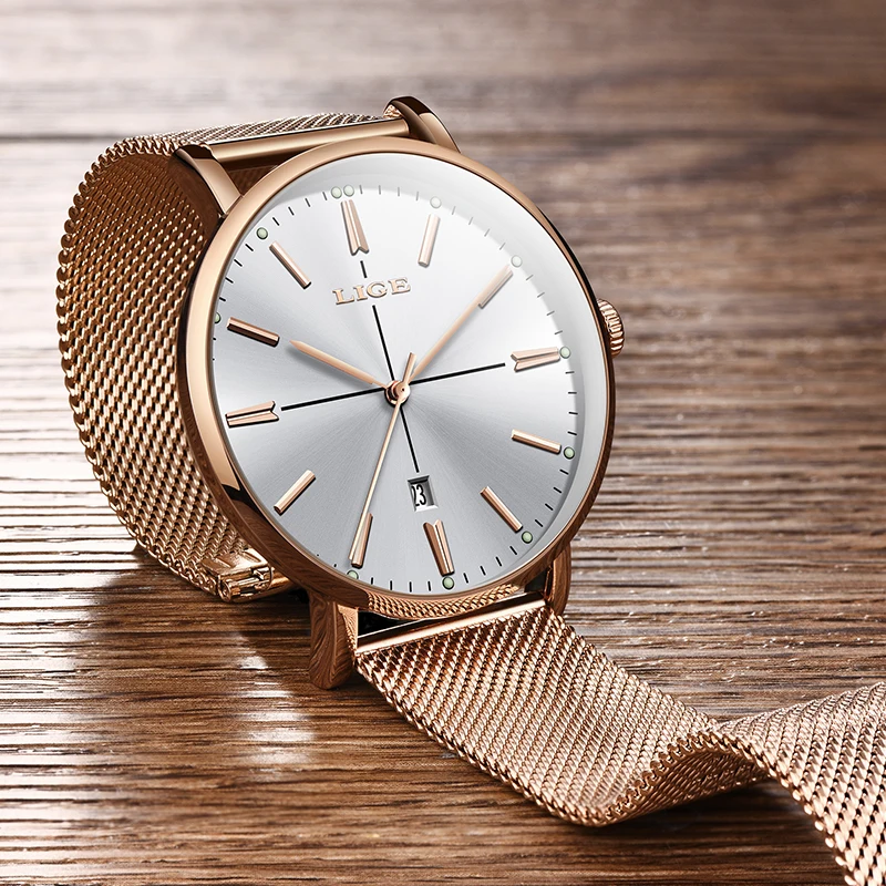2019 LIGE новинка розовое золото женские часы Бизнес Кварцевые для девушек Топ бренд