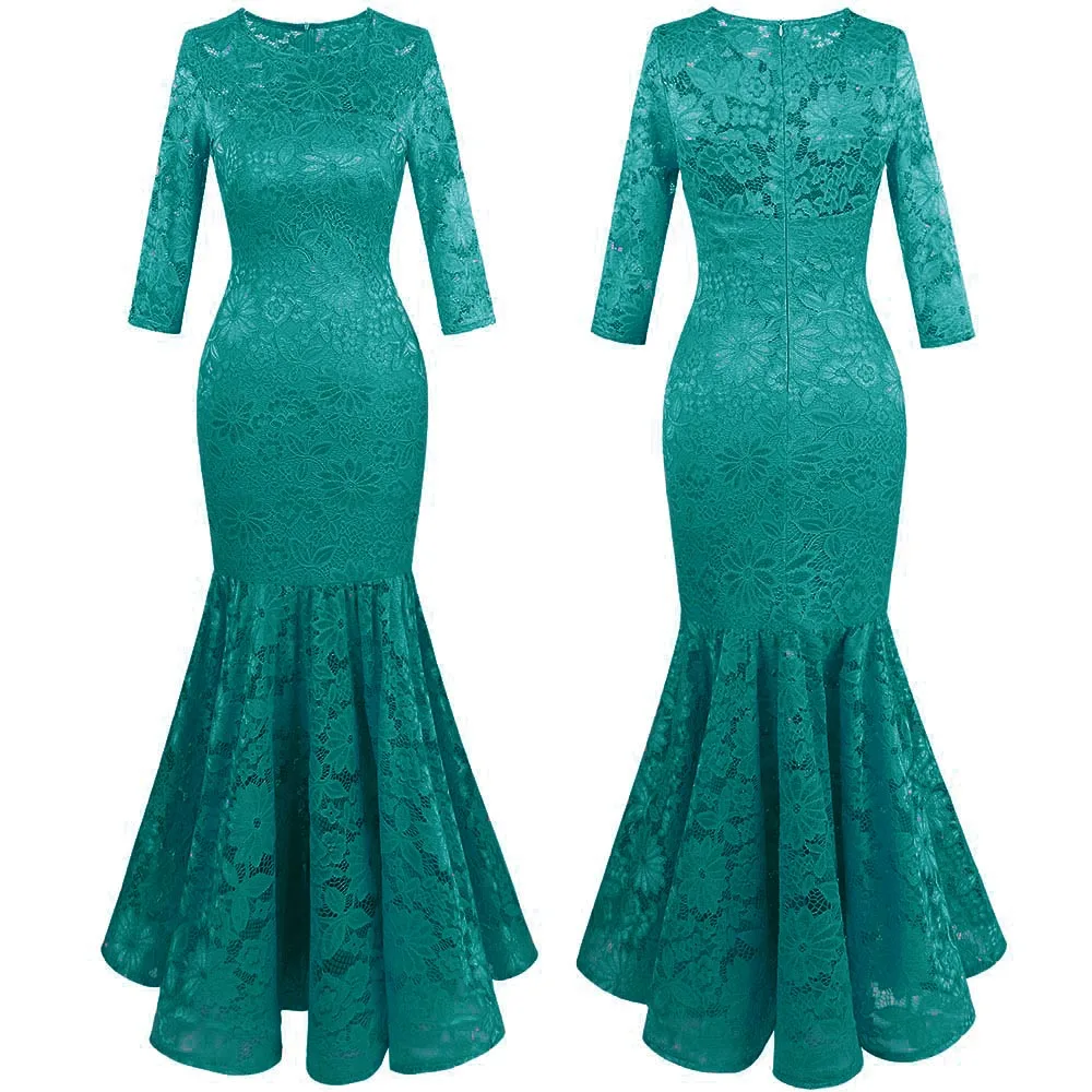 Blue Green as pic Angel-fashions Женский Цветочный кружевной 3/4 Гильзы иллюзия Выпускной вечер Вечеринка Макси Русалочка элегантный Вечернее платье Королевский синий 416RB - Цвет: Blue Green as pic