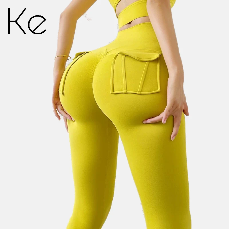 

KE Yellow Green Brown fitness pants women's high waist tight-fitting stretch sweatpants autumn peach hips nude yoga pants