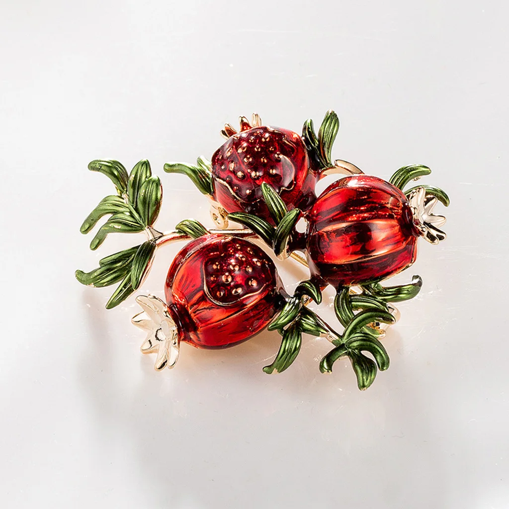 

VCVZ Enamel Red Pomegranate Brooches Corsage For Women Men Sweater Collar Clip Gold Color Green Leaf Hijab Lapel Pins