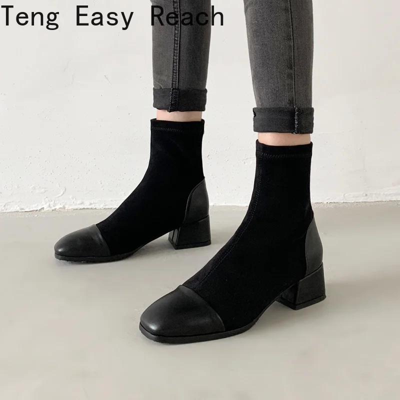 

Ботинки-носки женские, на высоком квадратном каблуке, зимние, размера плюс, 31-43