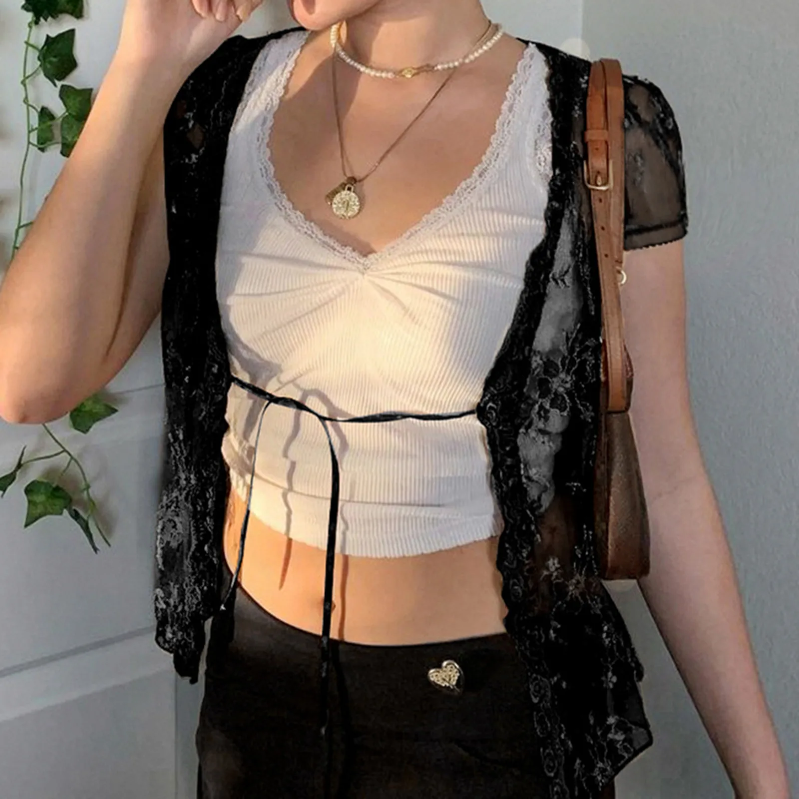 

Floral Lace Cardigans Brown Crop Top Frill Cute T Shirt Tie Up Short Sleeve Tshirt Women Harajuku Tee Top Vintage