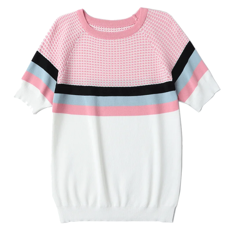 

Summer new thousand bird color contrast ice silk T-shirt for women