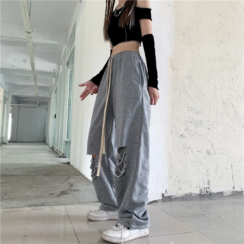 Streetwear Women Pants Ripped Harajuku Casual High Waist Sweat Y2K Pants Baggy Wide Leg Ladies Vintage Straight Sports Trouser